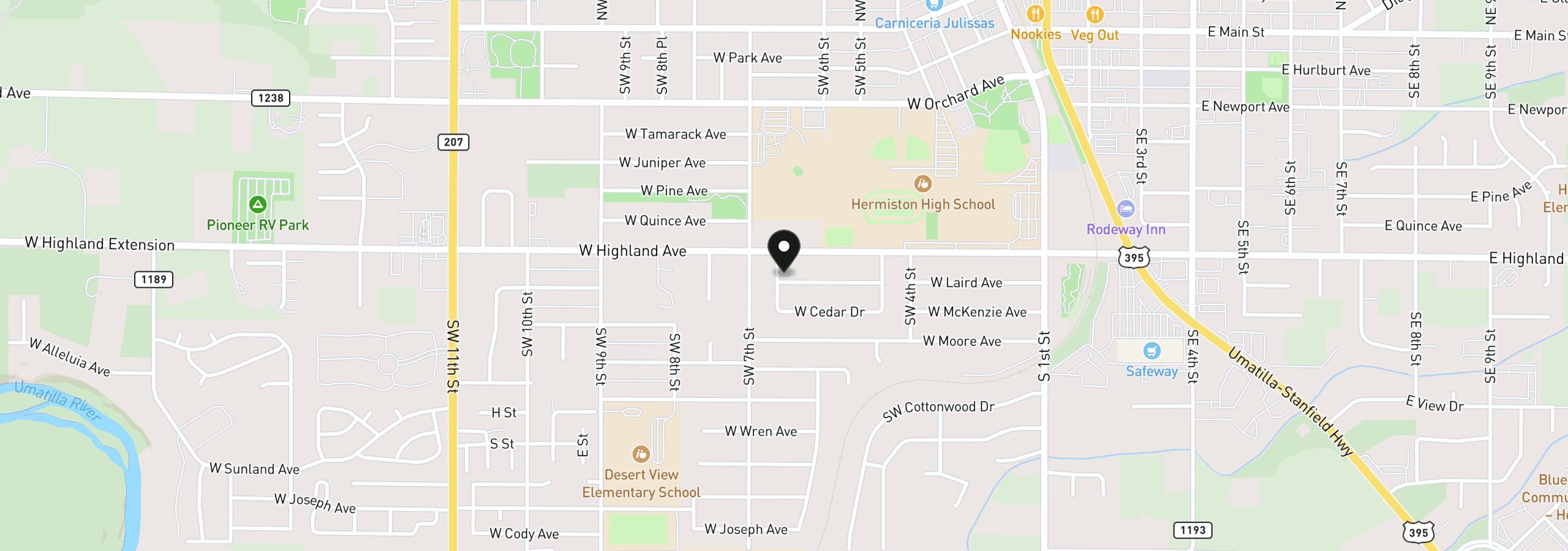 Map showing the location of 48 W Cedar Dr, Hermiston, OR 97838