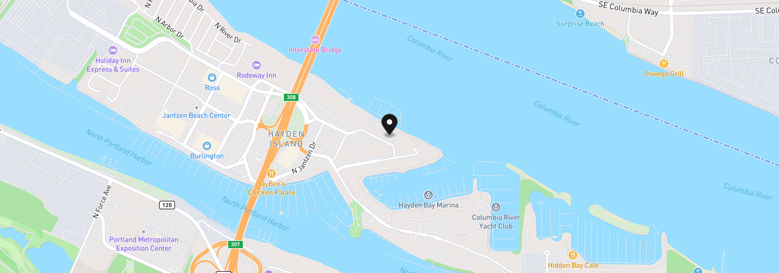Map showing the location of 707 N Hayden Island Dr 328, Portland, OR 97217