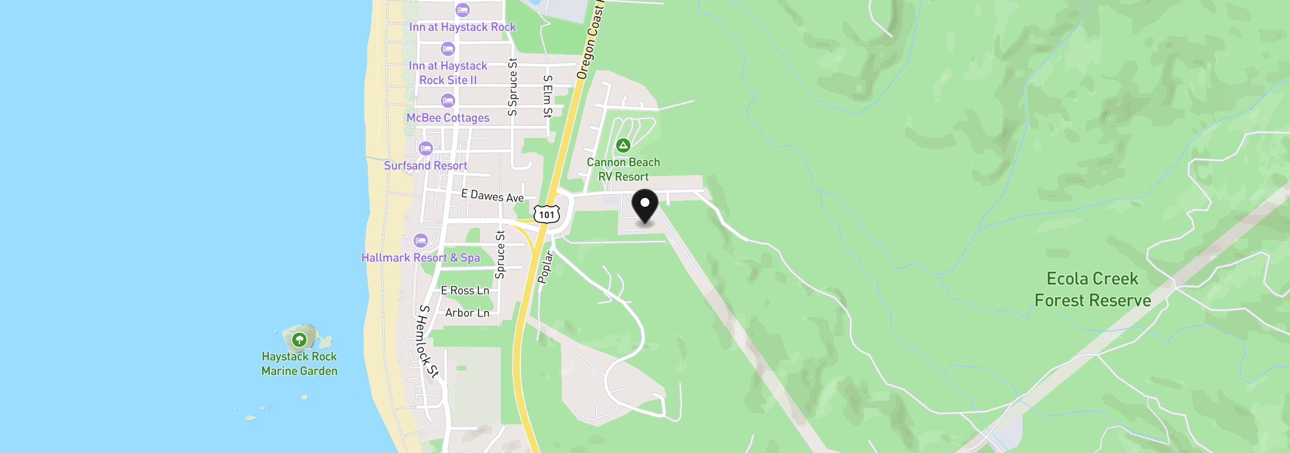 Map showing the location of 420 Elk Creek Rd, Cannon Beach, OR 97110