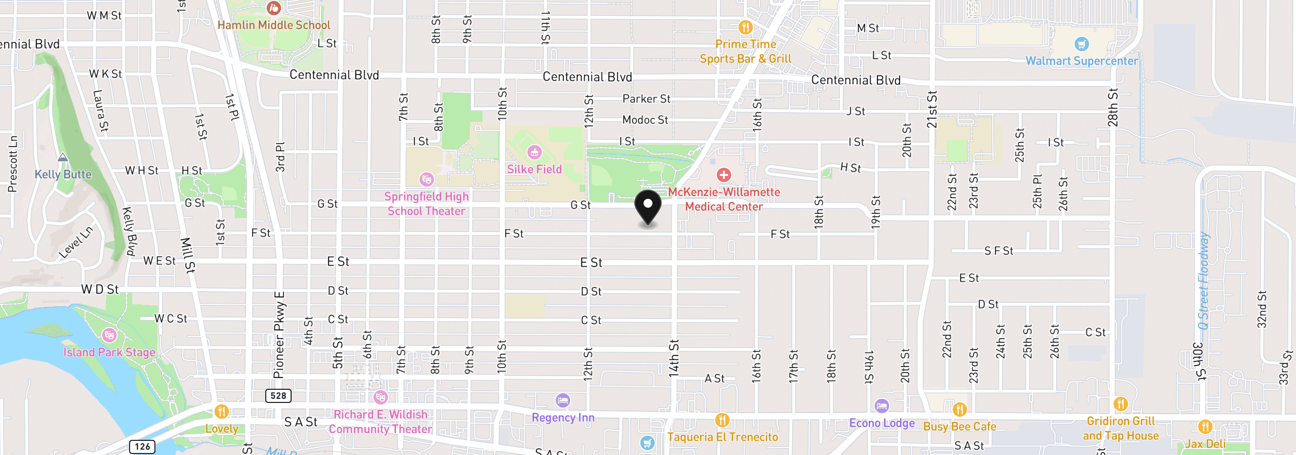 Map showing the location of 1324 F St, Springfield, OR 97477