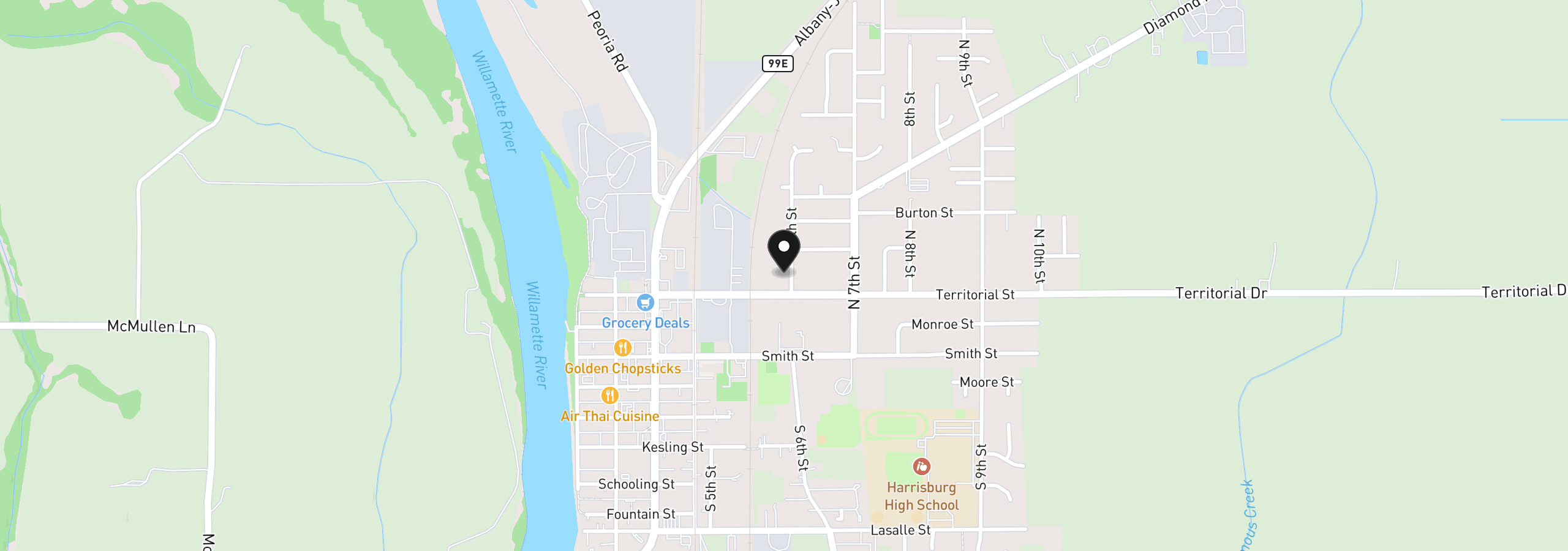 Map showing the location of 345 N 6th St, Harrisburg, OR 97446