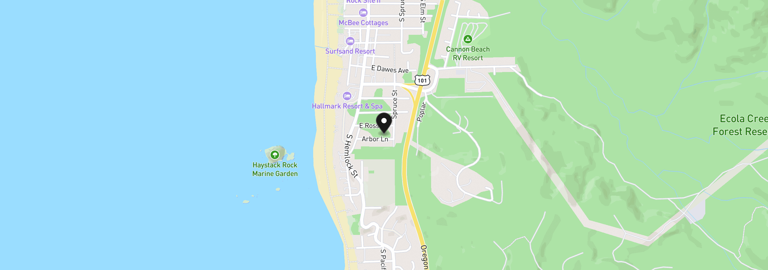 Map showing the location of 172 Arbor Ln, Cannon Beach, OR 97110