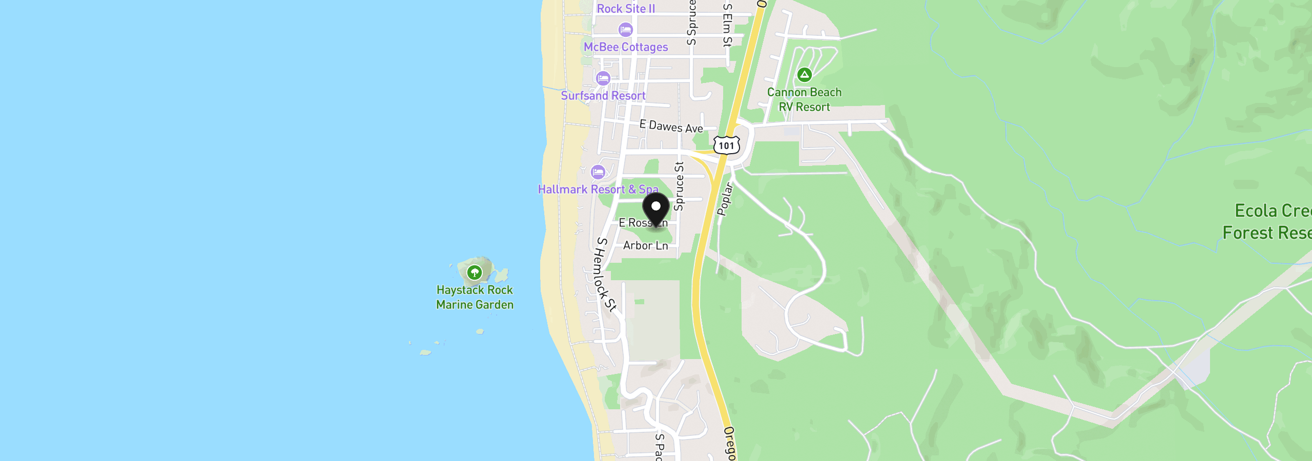 Map showing the location of Ross Ln, Cannon Beach, OR 97110