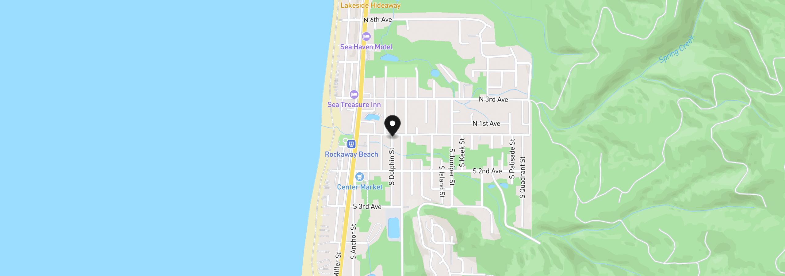 Map showing the location of 102 S Dolphin St, Rockaway Beach, OR 97136