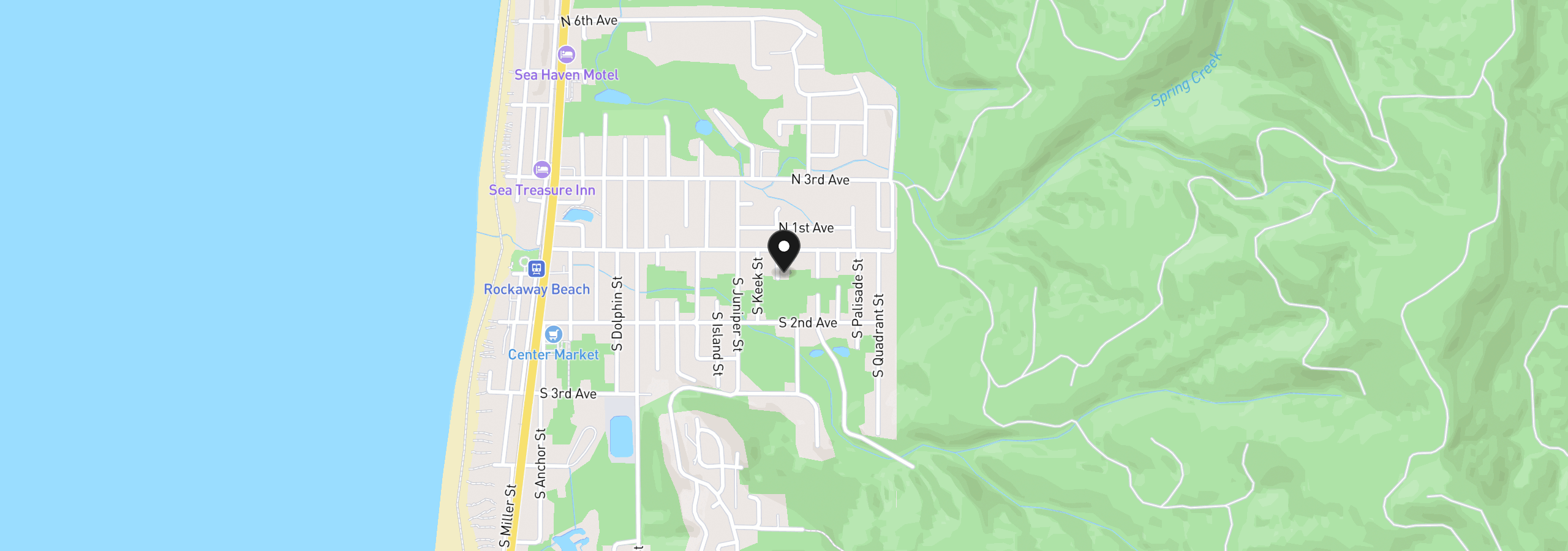 Map showing the location of 140 Lagoon St, Rockaway Beach, OR 97136