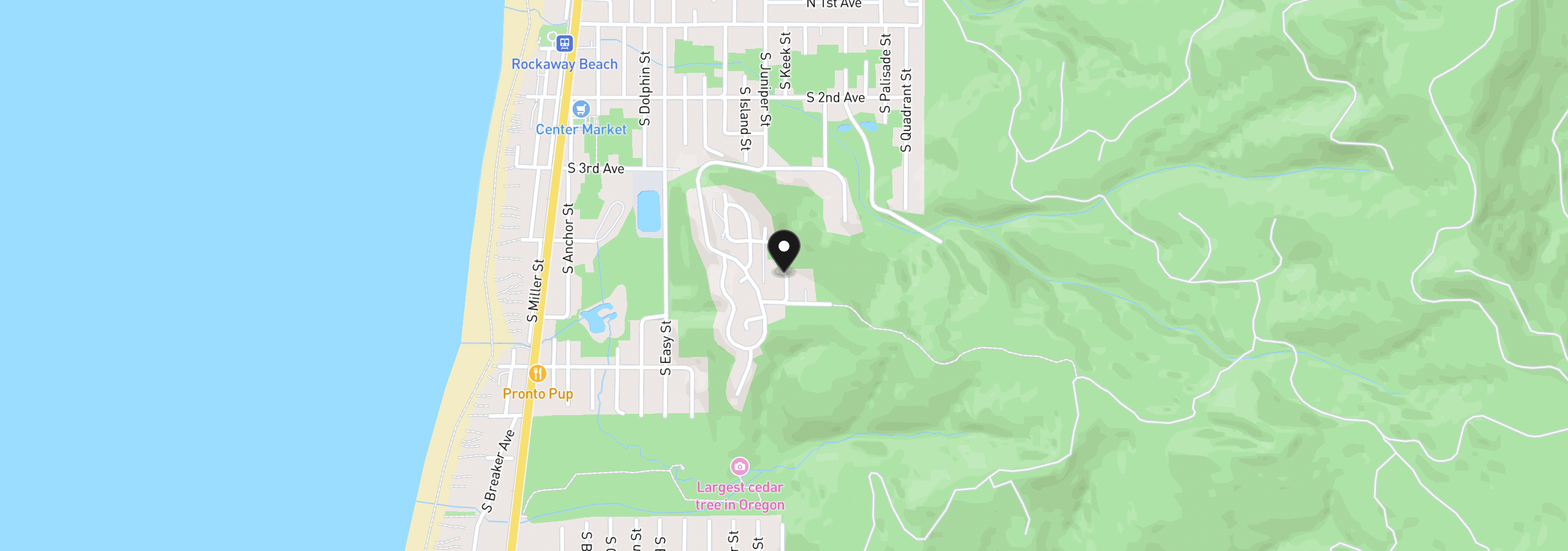 Map showing the location of 411 Crest Ter, Rockaway Beach, OR 97136