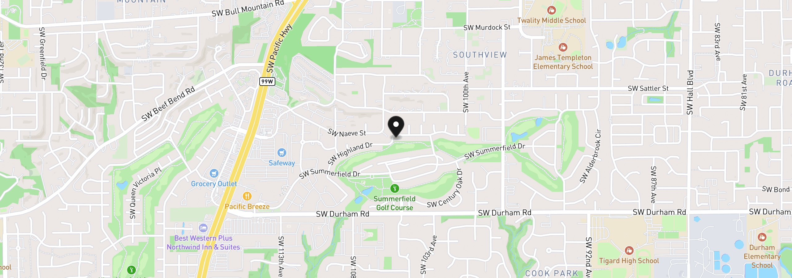 Map showing the location of 10480 SW Highland Dr, Portland, OR 97224