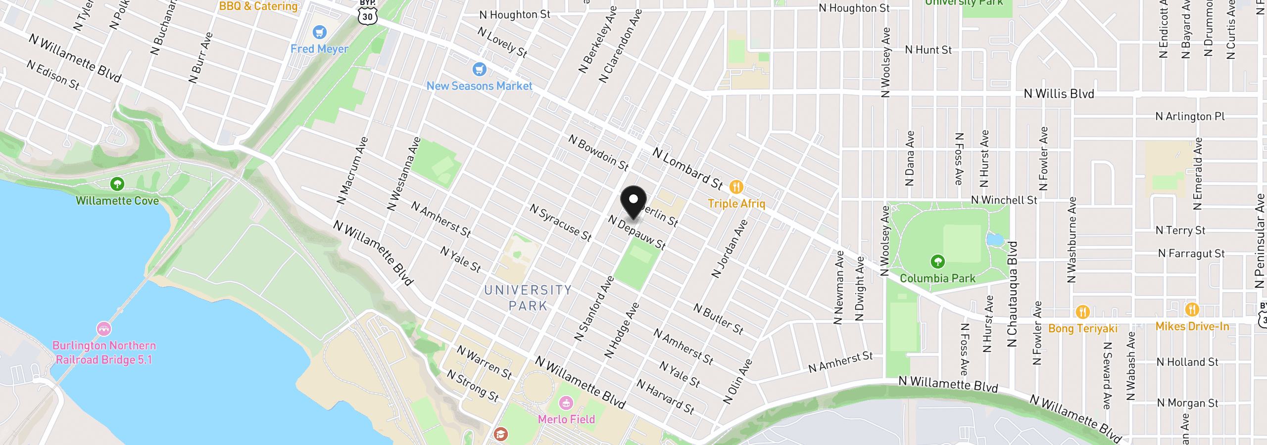 Map showing the location of 7307 N Stanford Ave B, Portland, OR 97203