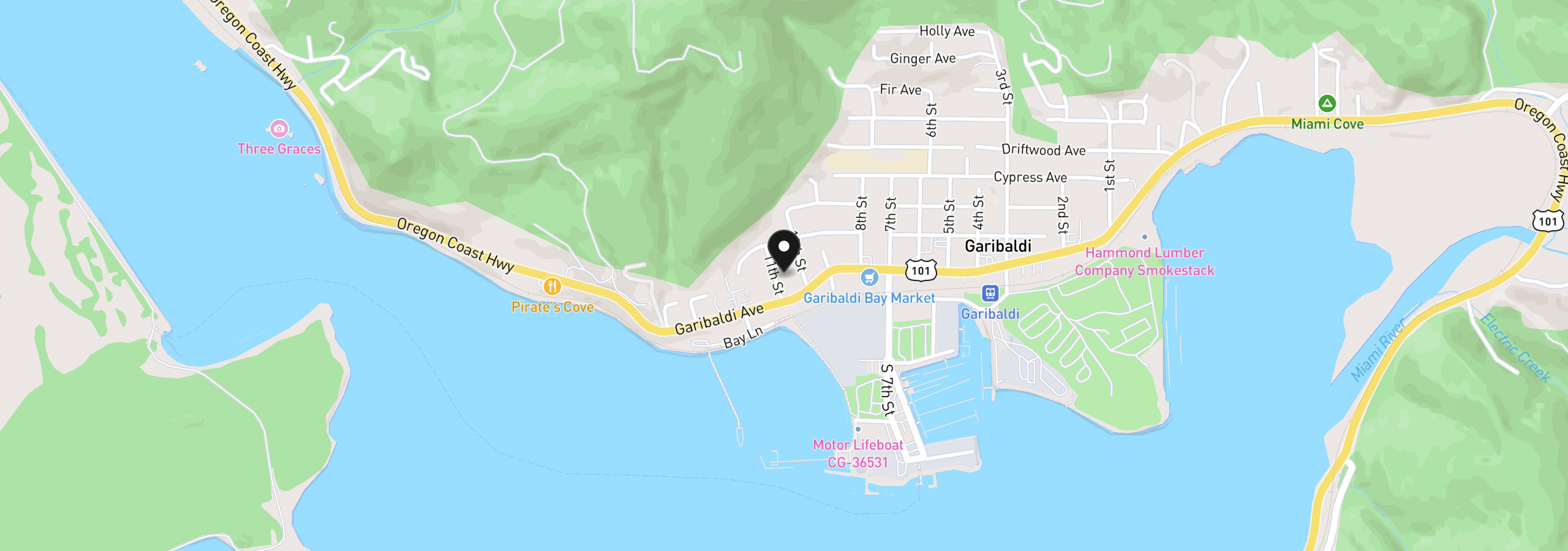 Map showing the location of 110 Eleventh St, Garibaldi, OR 97118