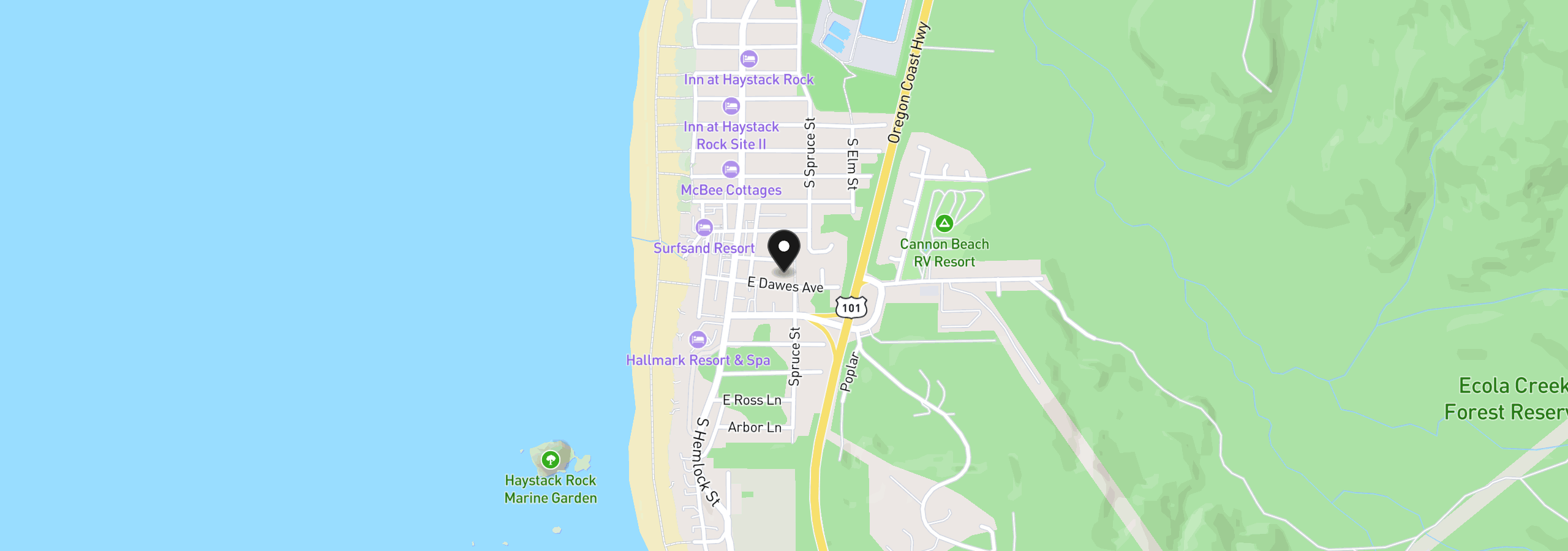 Map showing the location of E Dawes Ave 12308, Cannon Beach, OR 97110