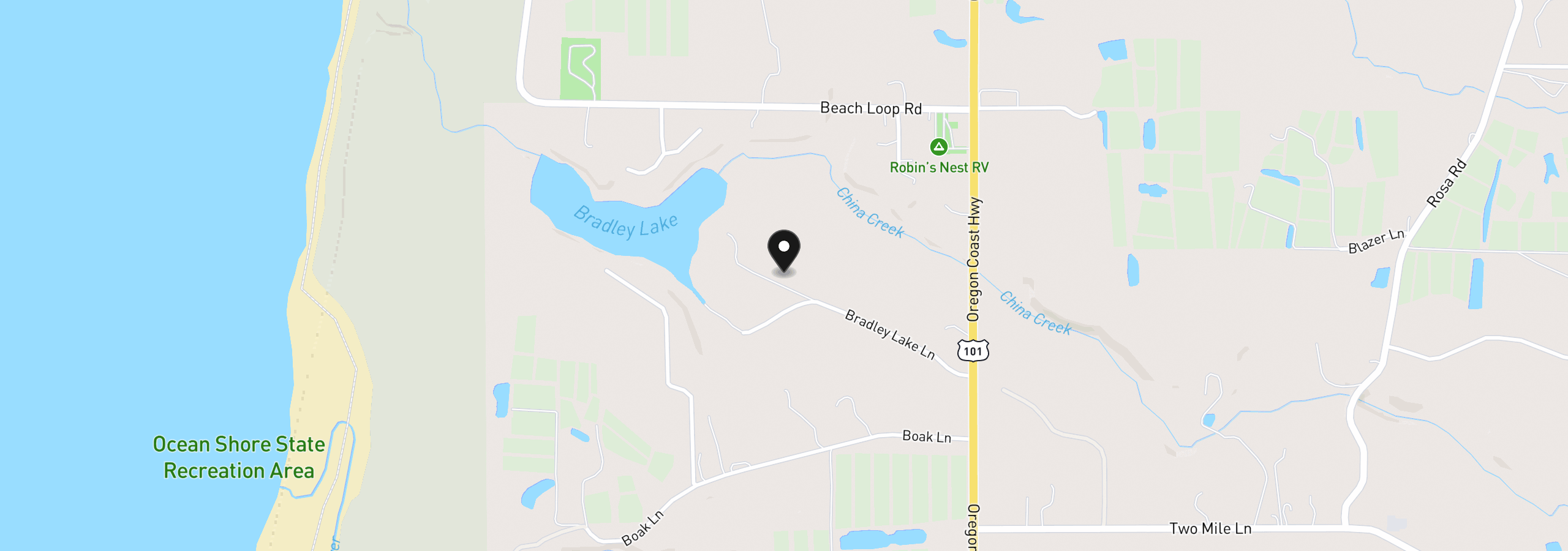 Map showing the location of Bradley Lake Ln 1602, Bandon, OR 97411
