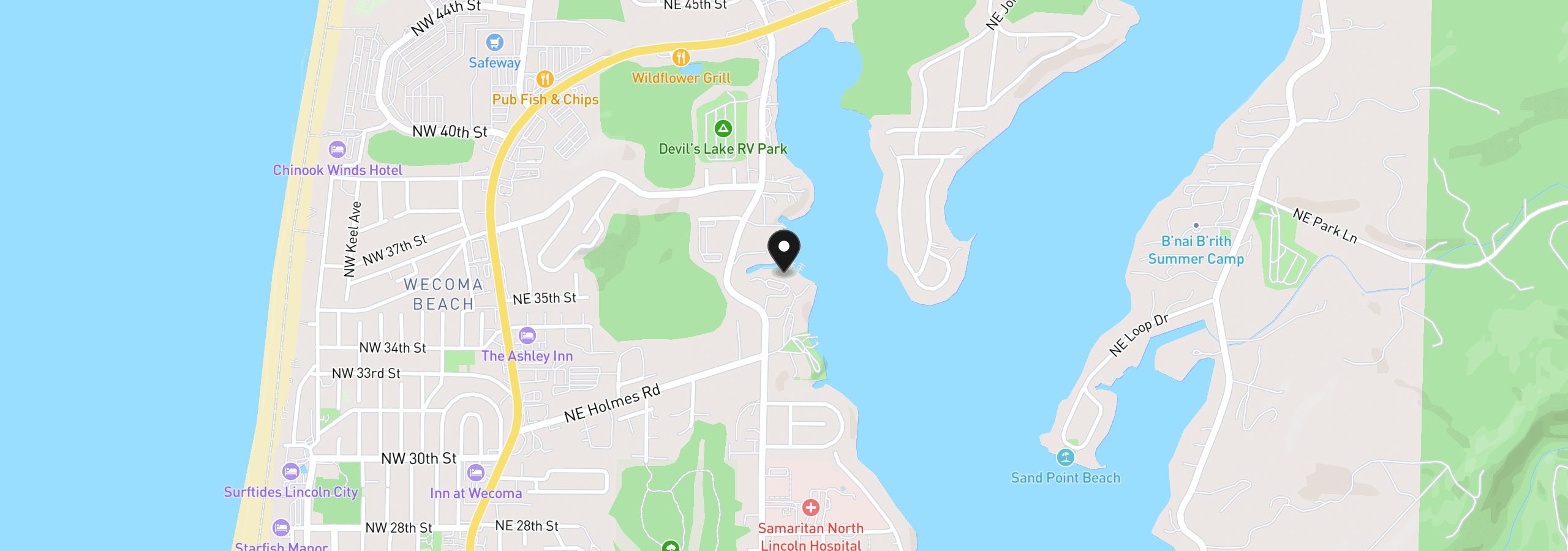 Map showing the location of 3500 NE West Devils Lake Rd 15, Lincoln City, OR 97367