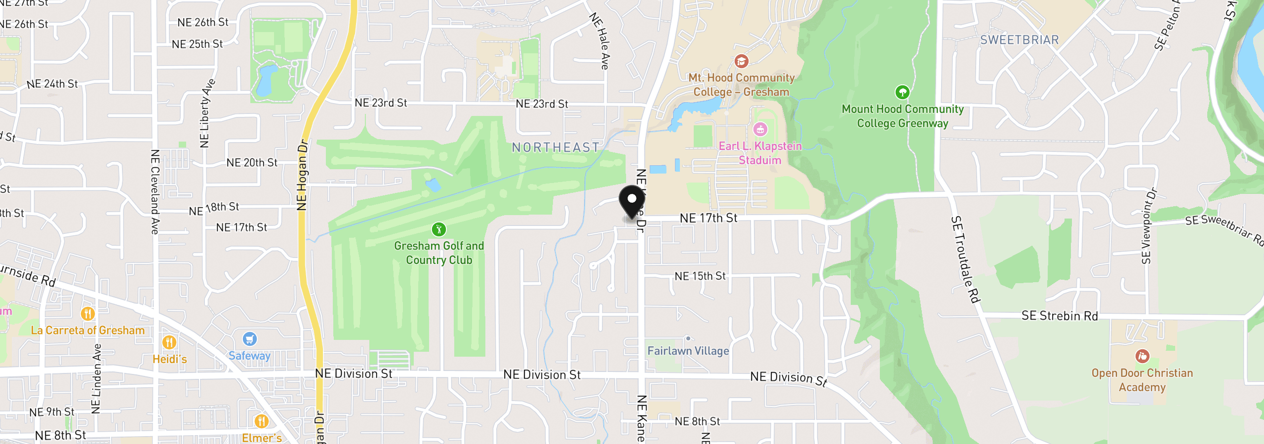 Map showing the location of 1649 NE Kane Dr, Gresham, OR 97030