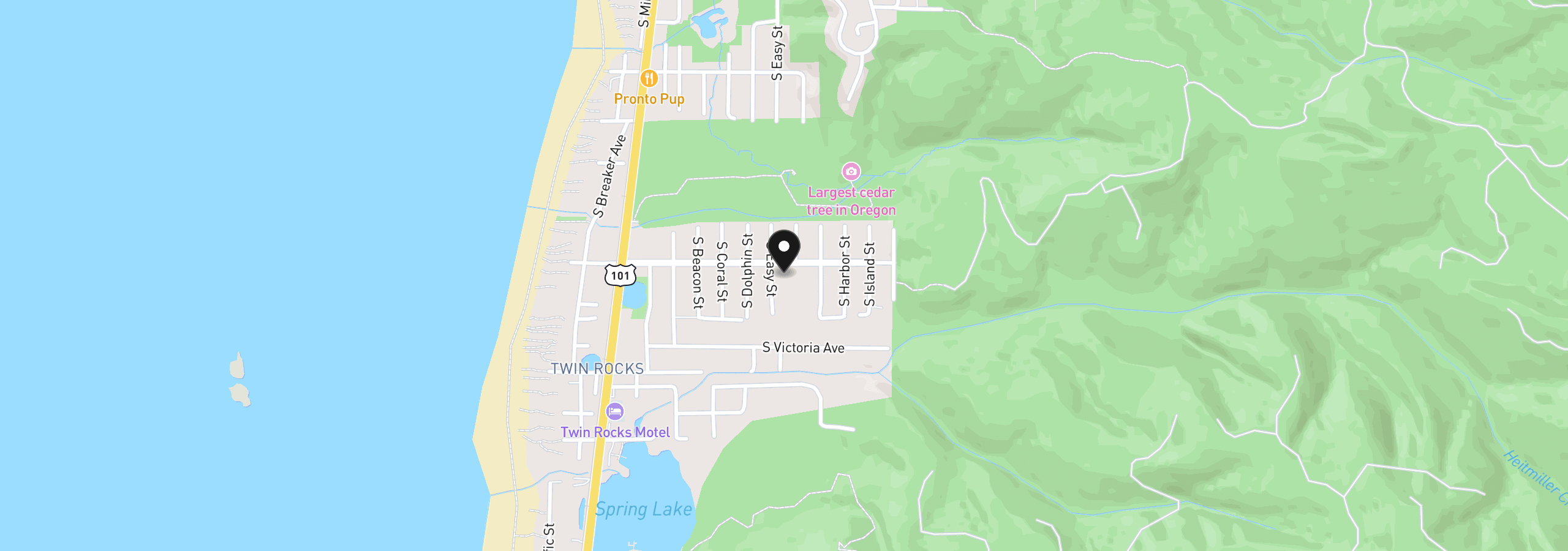 Map showing the location of 628 Washington St, Rockaway Beach, OR 97136