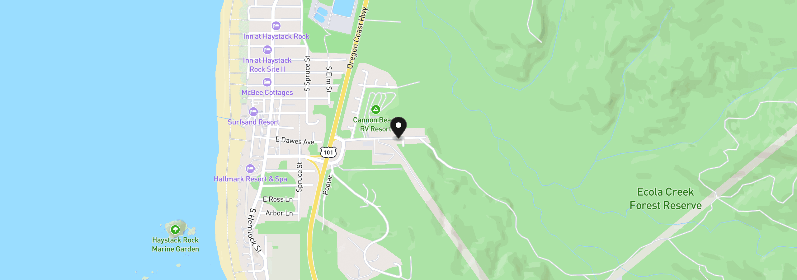 Map showing the location of 401 Elk Creek Rd, Cannon Beach, OR 97110