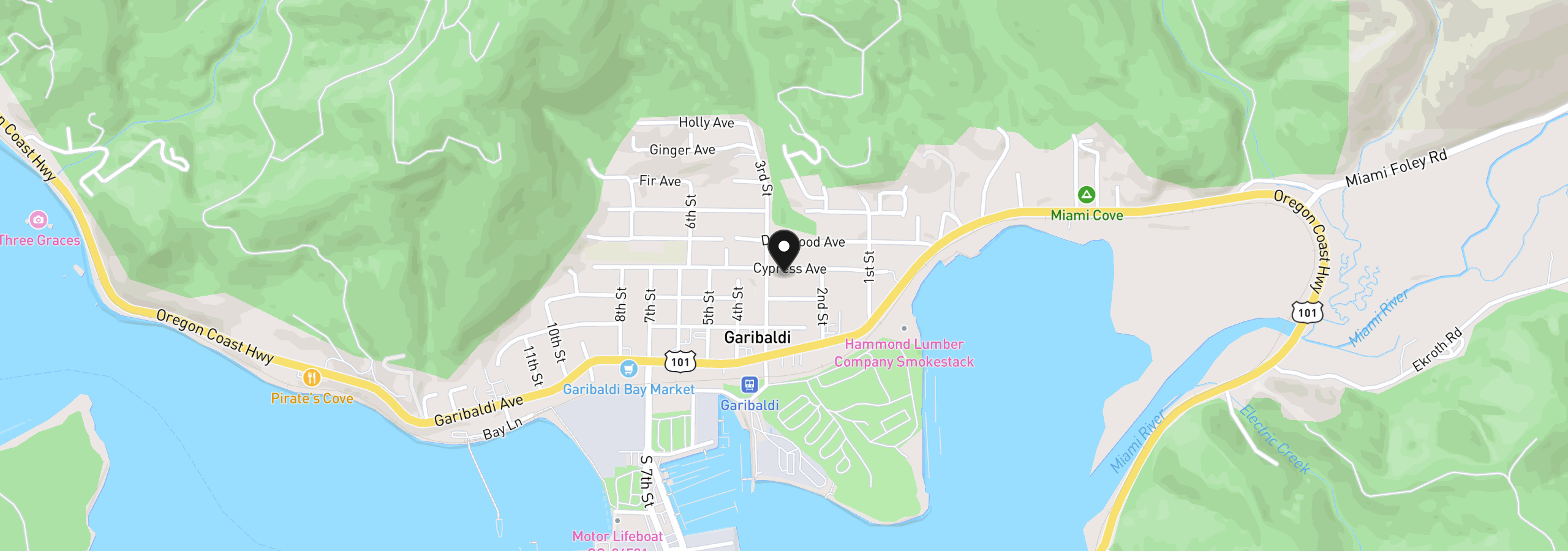 Map showing the location of 215 Cypress Ave, Garibaldi, OR 97118