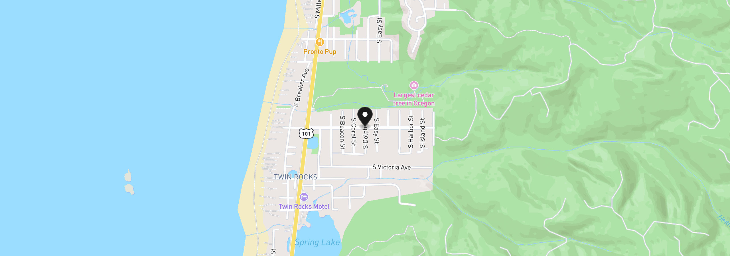Map showing the location of S Dolphin, Rockaway Beach, OR 97136