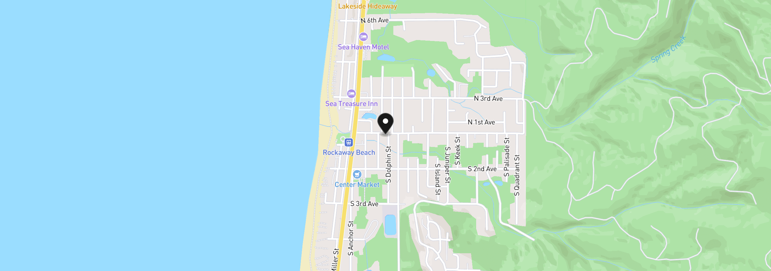Map showing the location of 101 S Dolphin St, Rockaway Beach, OR 97136