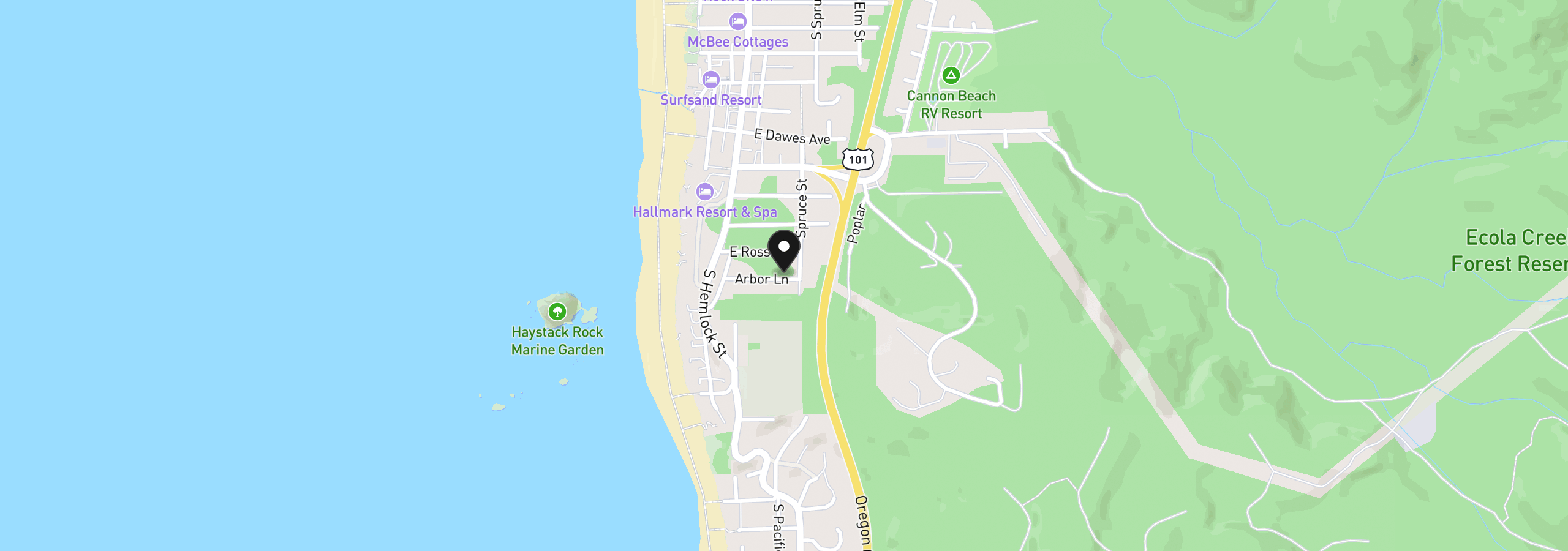Map showing the location of 180 Arbor Ln, Cannon Beach, OR 97110