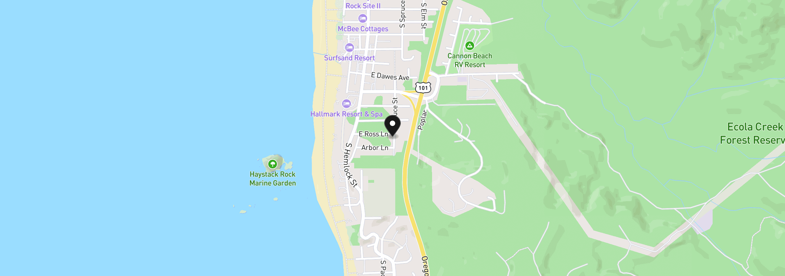 Map showing the location of 195 Ross Ln, Cannon Beach, OR 97110