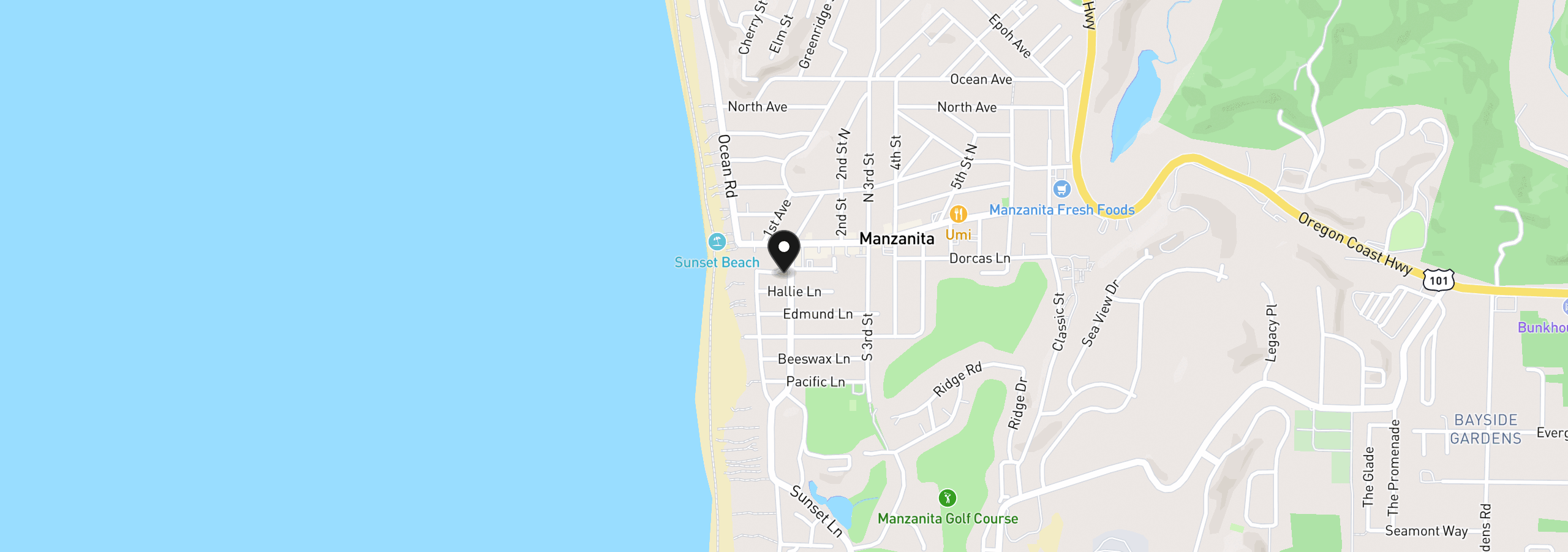 Map showing the location of 96 Merton Ln, Manzanita, OR 97130