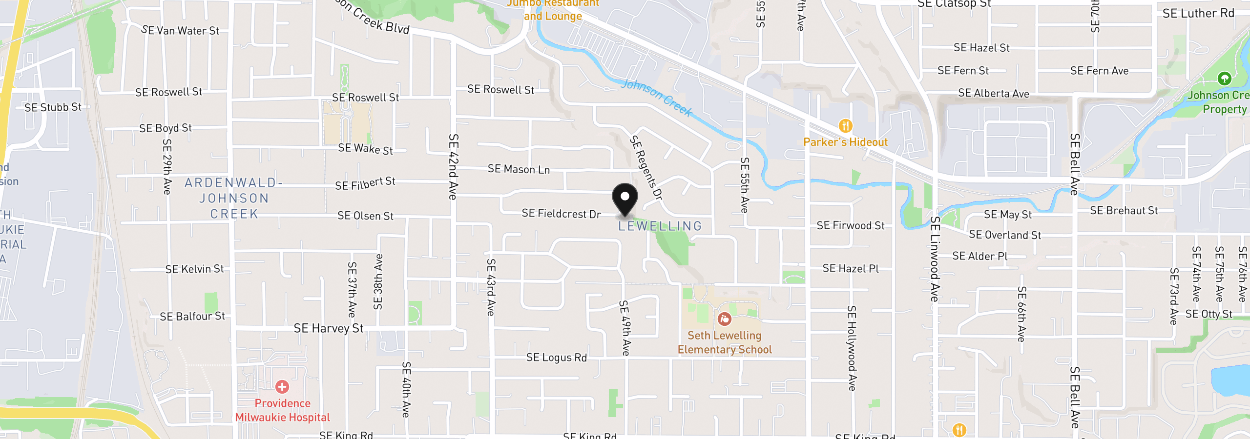 Map showing the location of 4892 SE Fieldcrest Dr, Milwaukie, OR 97222