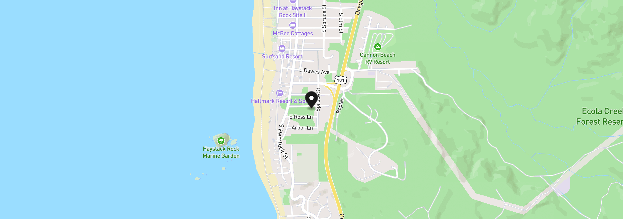 Map showing the location of Hills Ln, Cannon Beach, OR 97110