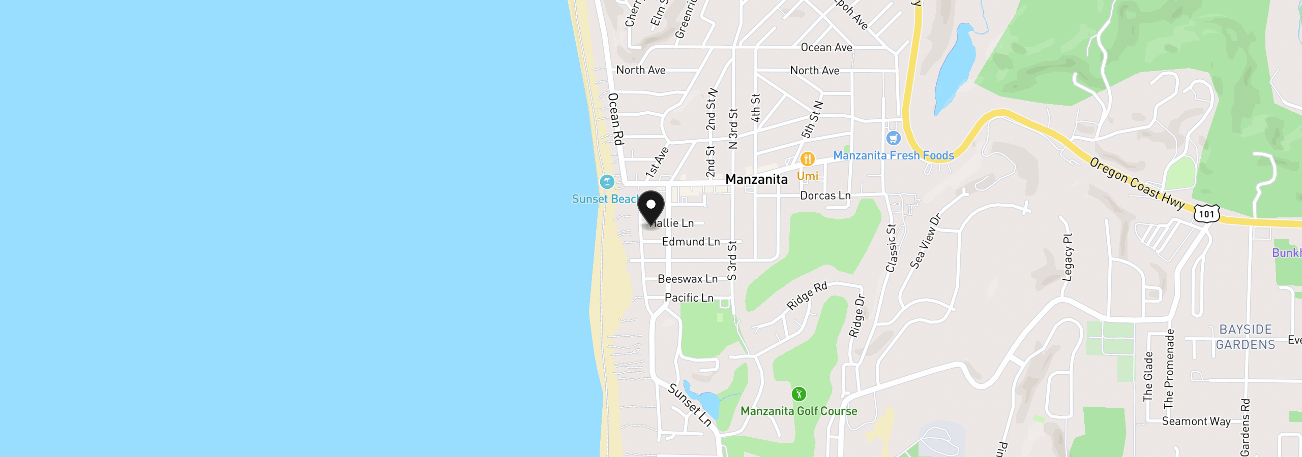 Map showing the location of 30 Hallie Ln, Manzanita, OR 97130