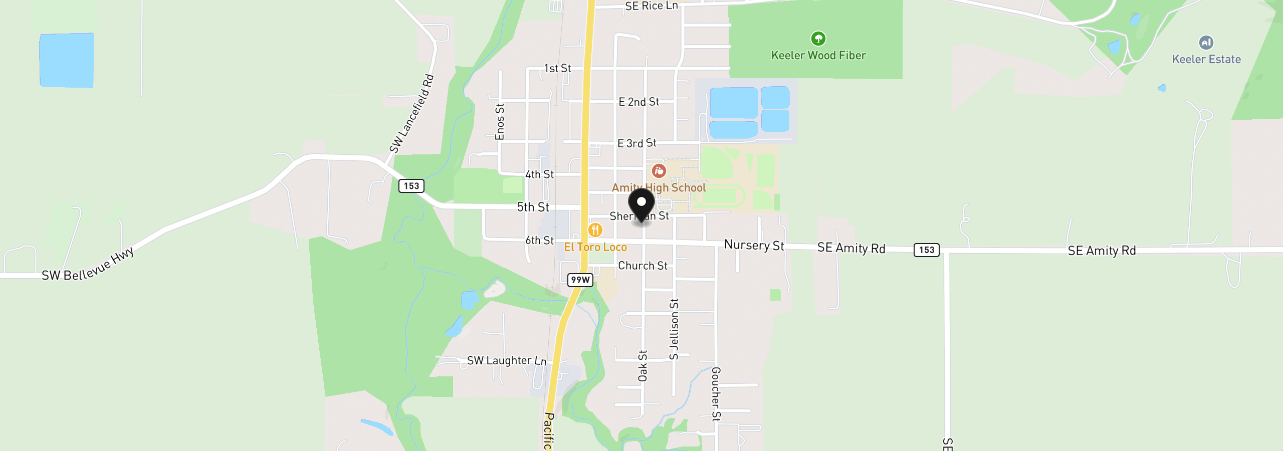 Map showing the location of 211 Sherman St, Amity, OR 97101