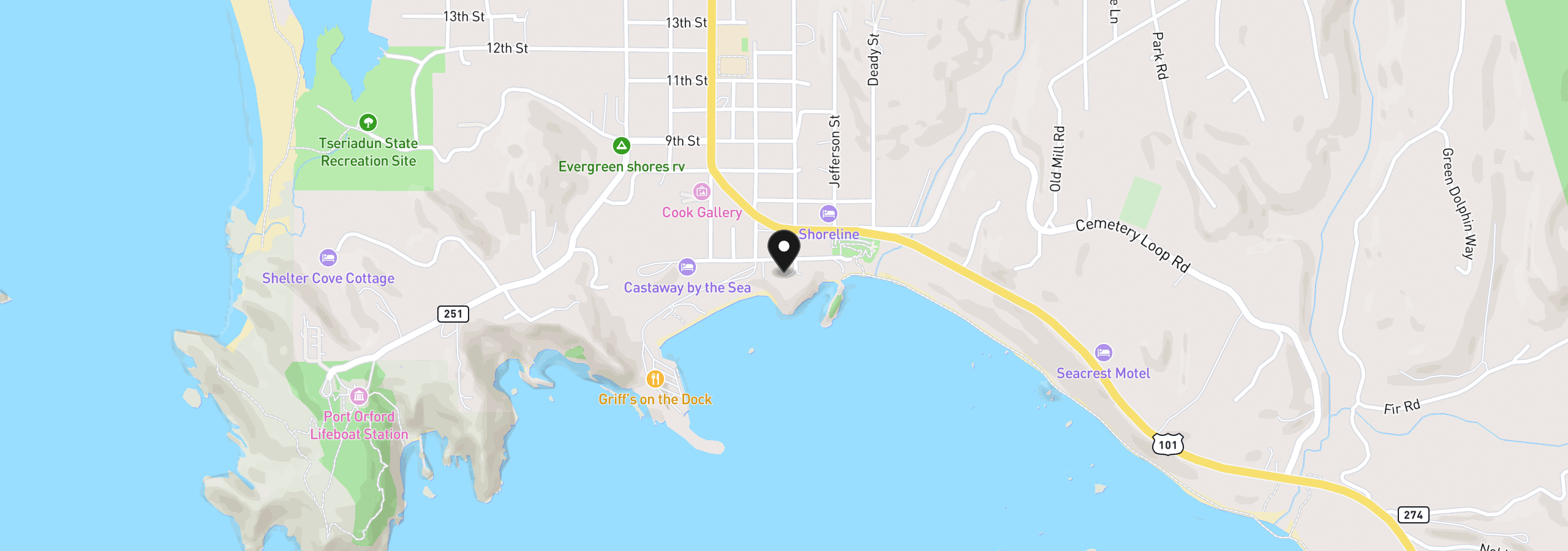 Map showing the location of 409 Jackson Street, Port Orford, OR 97465
