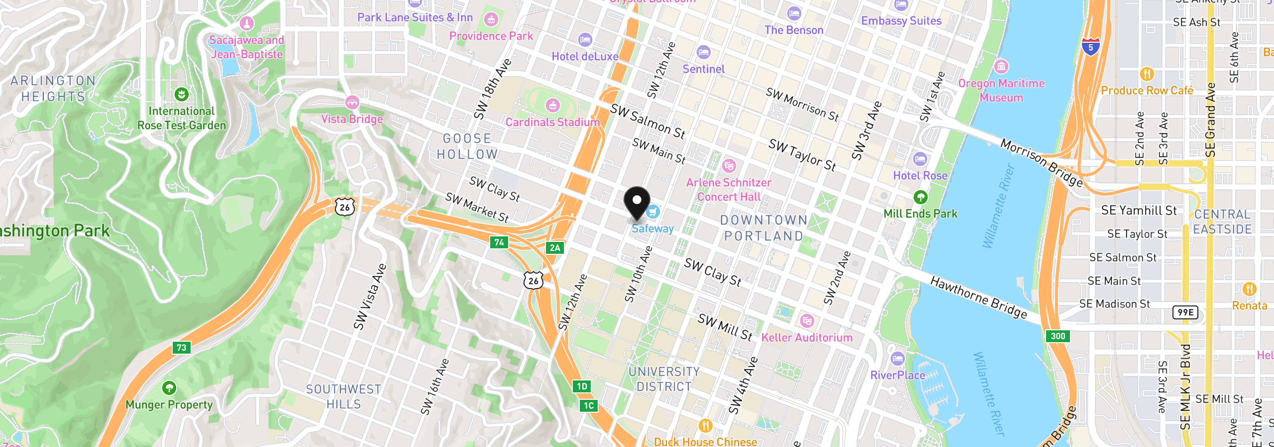 Map showing the location of 1410 SW 11th Ave 605, Portland, OR 97201