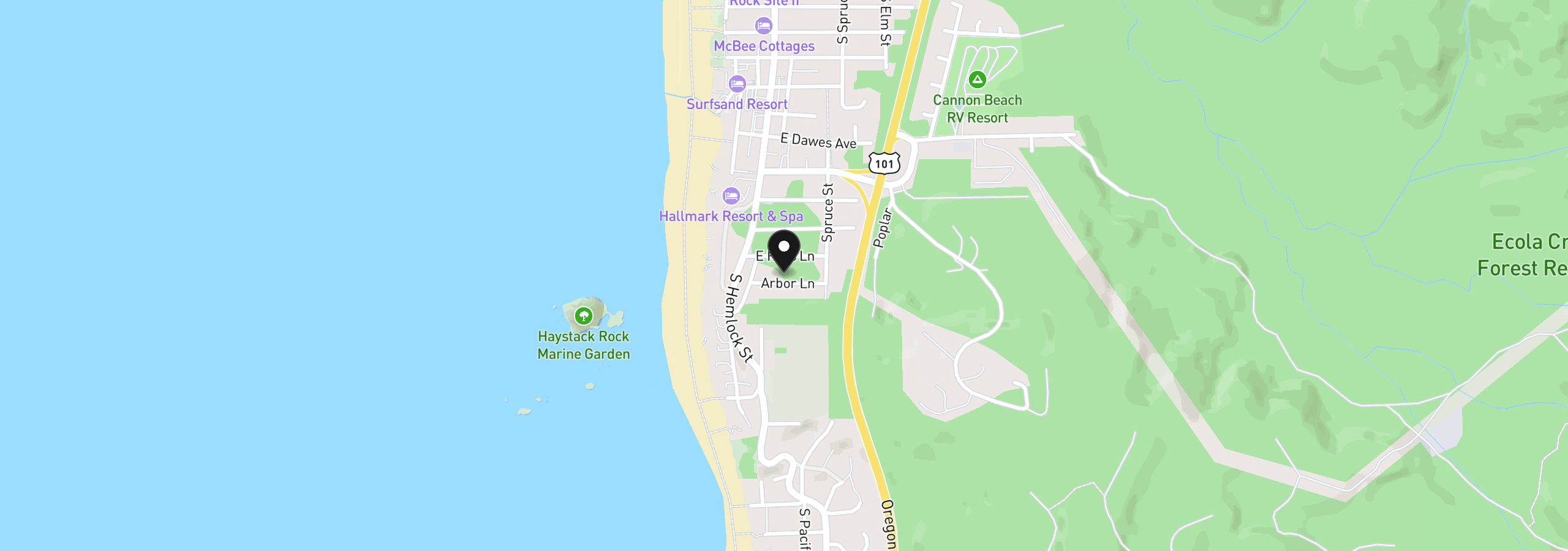 Map showing the location of 140 Arbor Ln, Cannon Beach, OR 97110