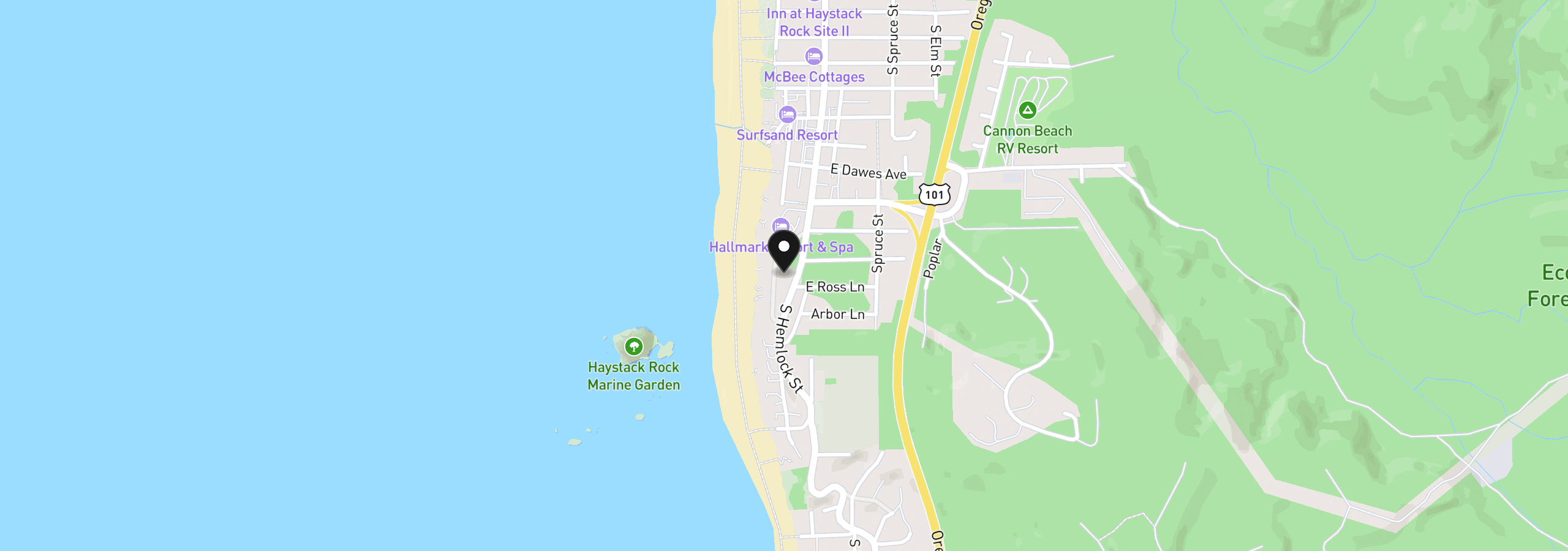 Map showing the location of 1625 Forest Lawn Rd, Cannon Beach, OR 97110
