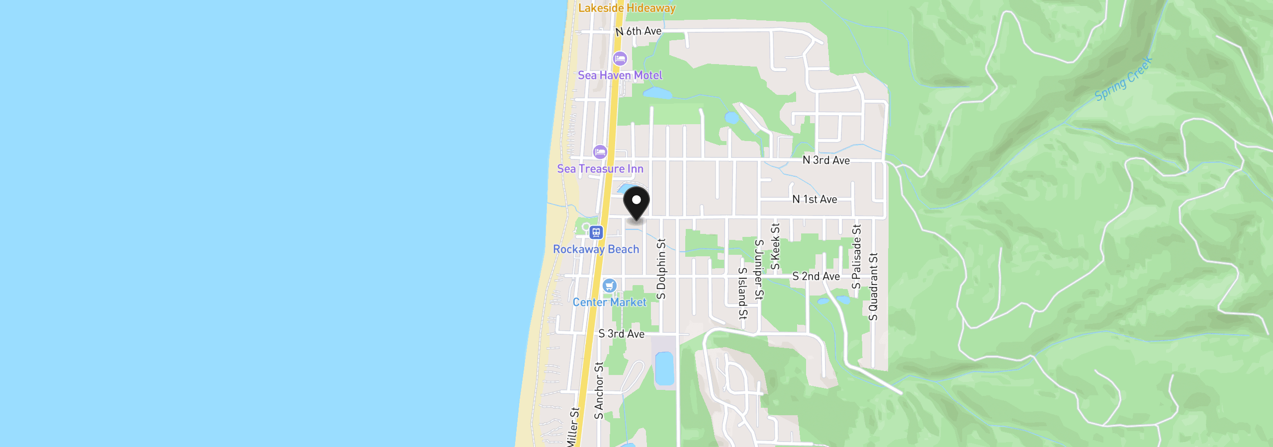 Map showing the location of 210 Nehalem Ave, Rockaway Beach, OR 97136