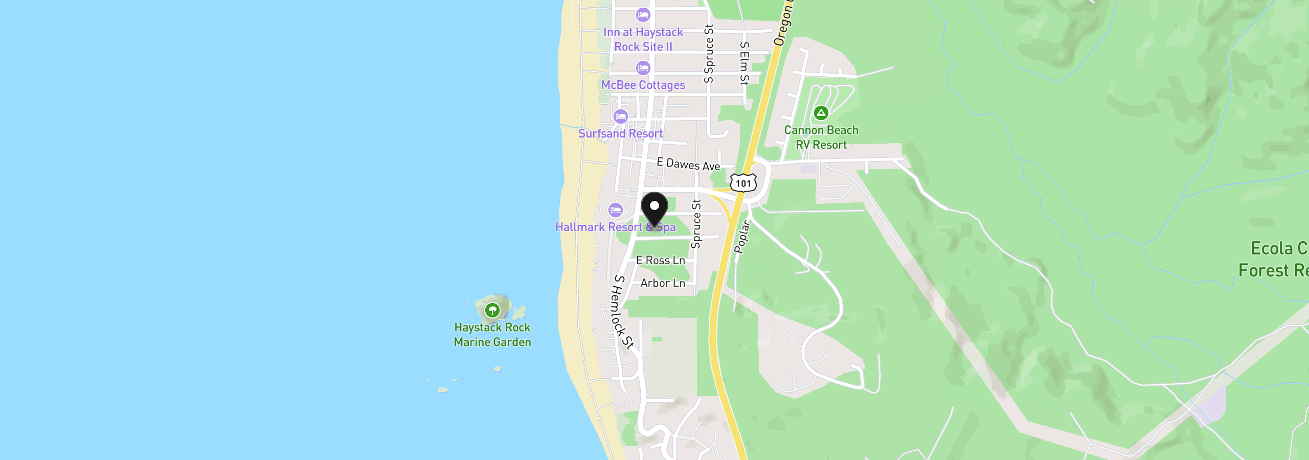 Map showing the location of 116 Hills Ln, Cannon Beach, OR 97110