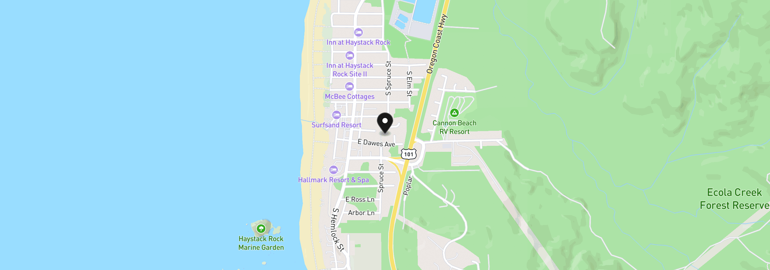 Map showing the location of 1299 Spruce St, Cannon Beach, OR 97110