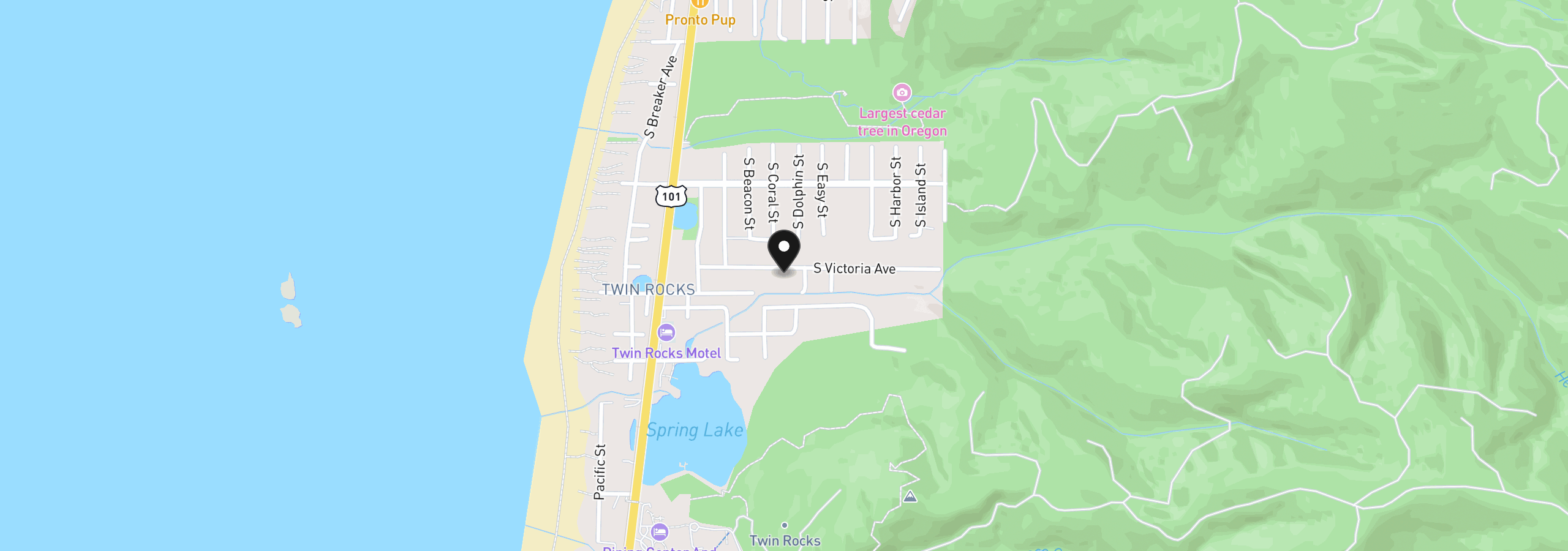Map showing the location of 8455 Victoria St, Rockaway Beach, OR 97136