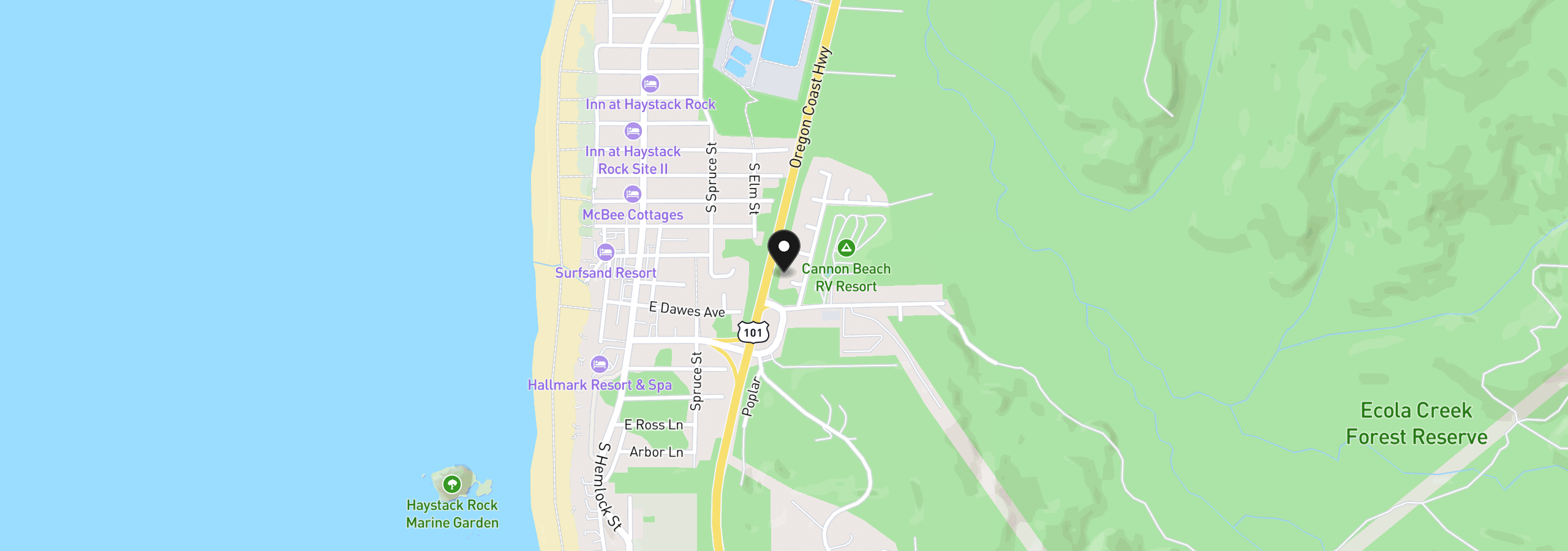 Map showing the location of Glenwood Ct, Cannon Beach, OR 97110