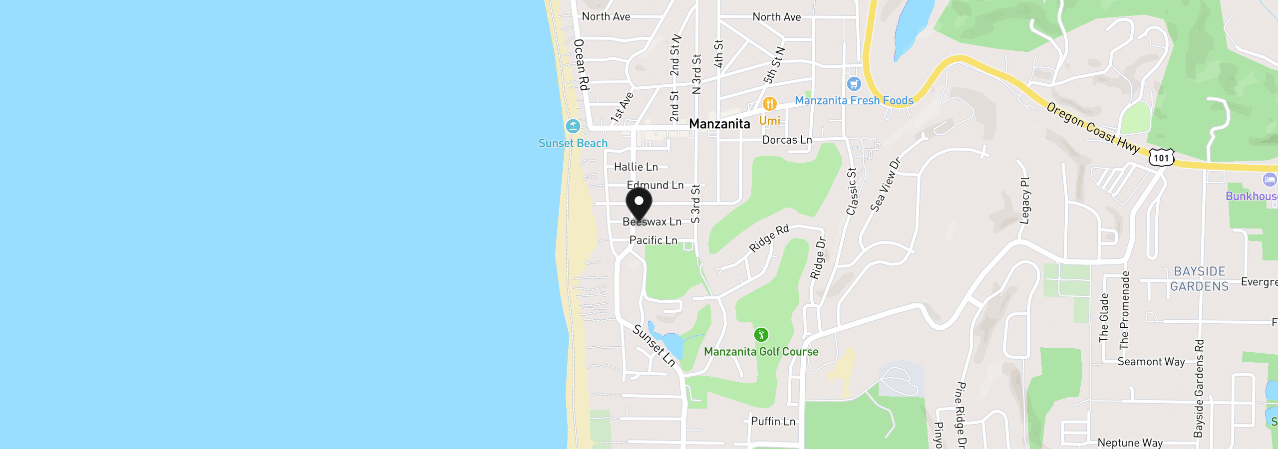 Map showing the location of 120 Beeswax Ln, Manzanita, OR 97130