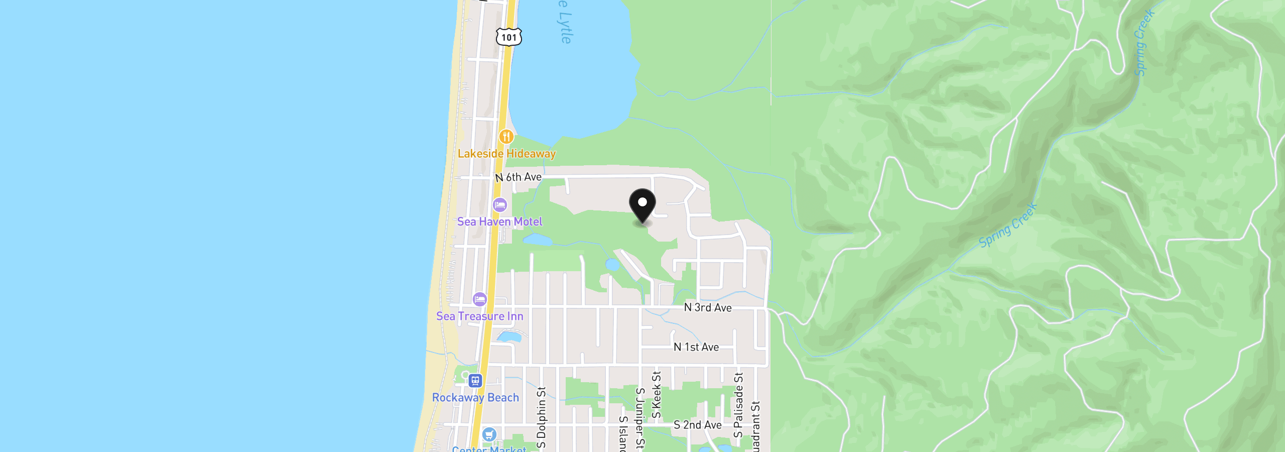 Map showing the location of Juniper St, Rockaway Beach, OR 97136