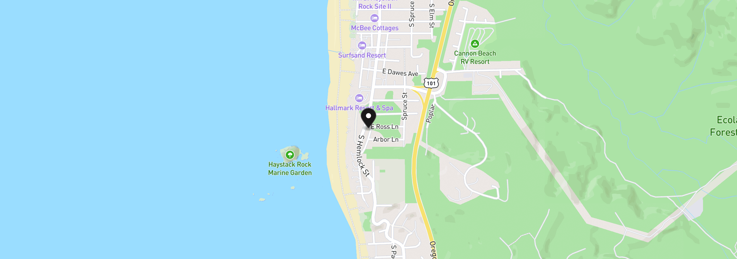 Map showing the location of Deer Trail Aly, Cannon Beach, OR 97110