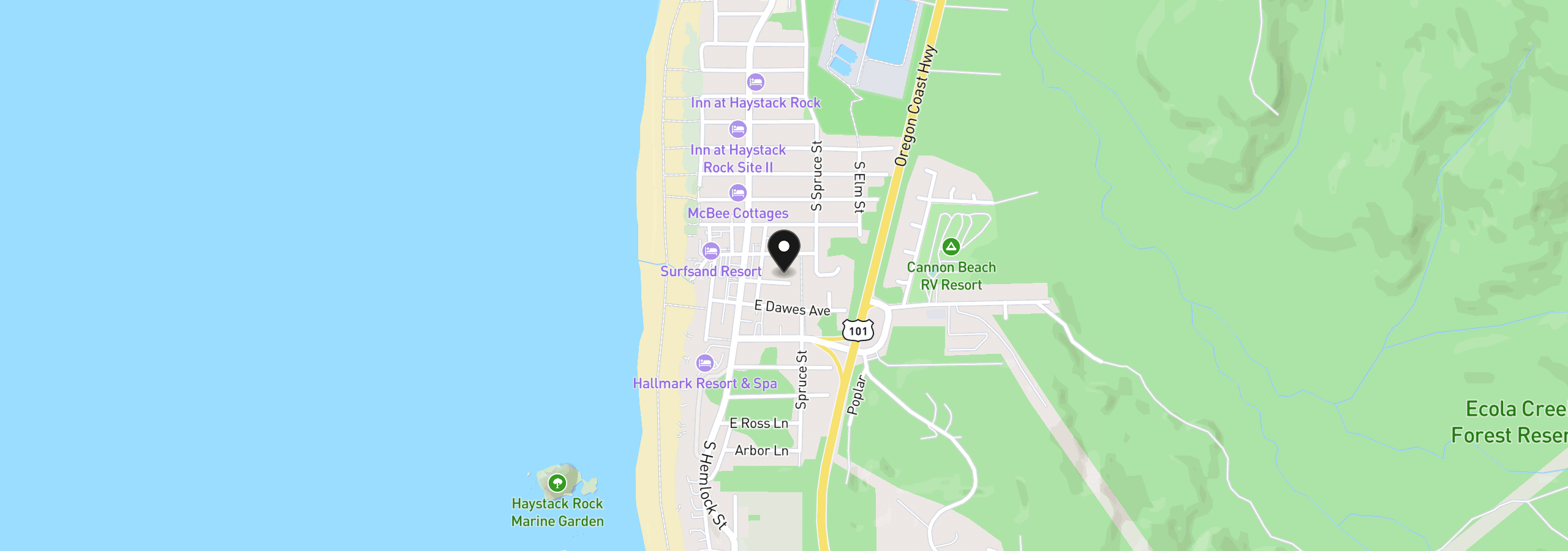 Map showing the location of Coolidge Ave 12103, Cannon Beach, OR 97110