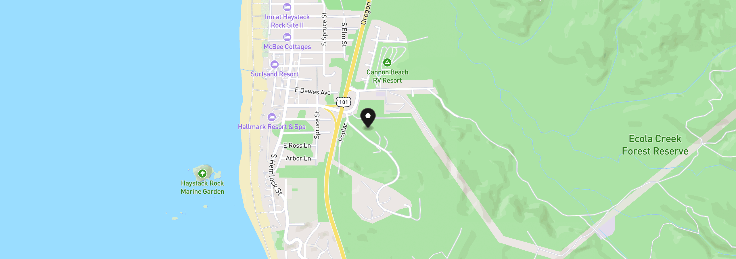 Map showing the location of Sunset, Cannon Beach, OR 97110