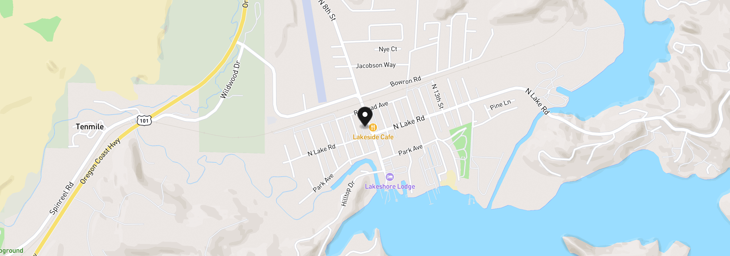 Map showing the location of 125 N 8th St, Lakeside, OR 97449