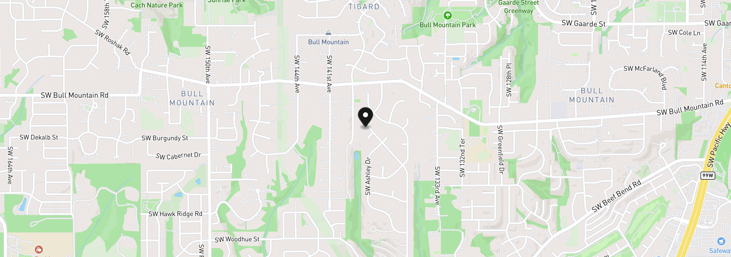 Map showing the location of 14735 SW Peachtree Dr, Tigard, OR 97224