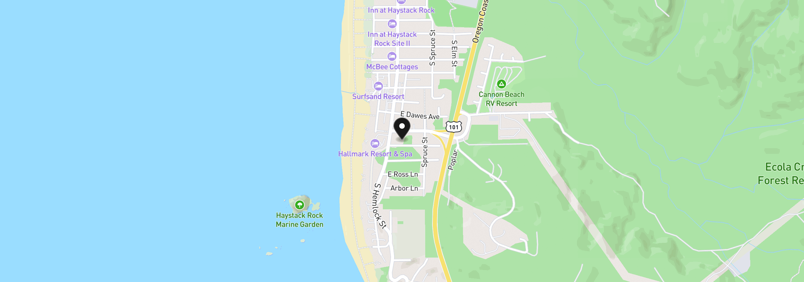 Map showing the location of 132 Elliott Way, Cannon Beach, OR 97110