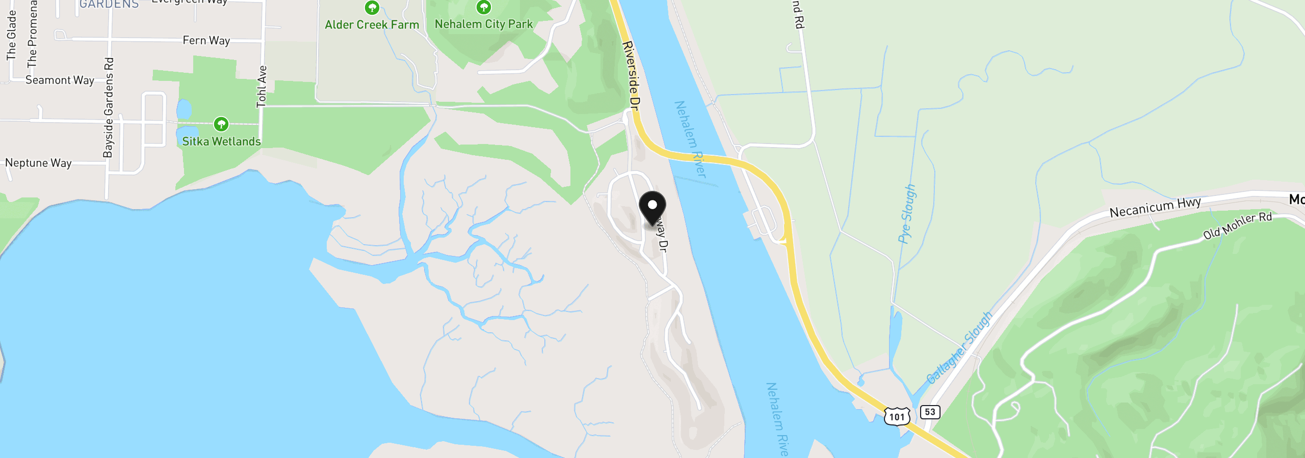 Map showing the location of Riverway Dr, Nehalem, OR 97131