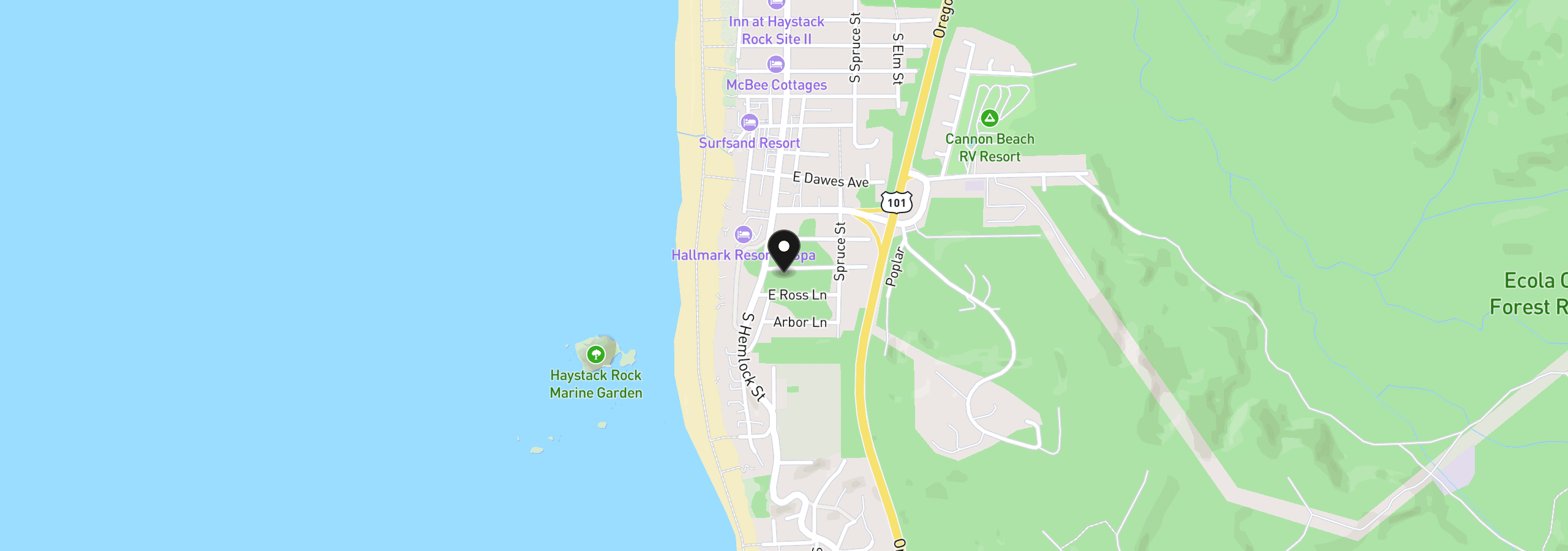 Map showing the location of 115 Hills Ln, Cannon Beach, OR 97110