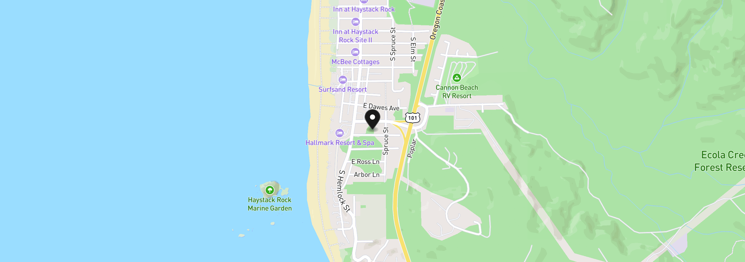 Map showing the location of 164 Elliott Way, Cannon Beach, OR 97110