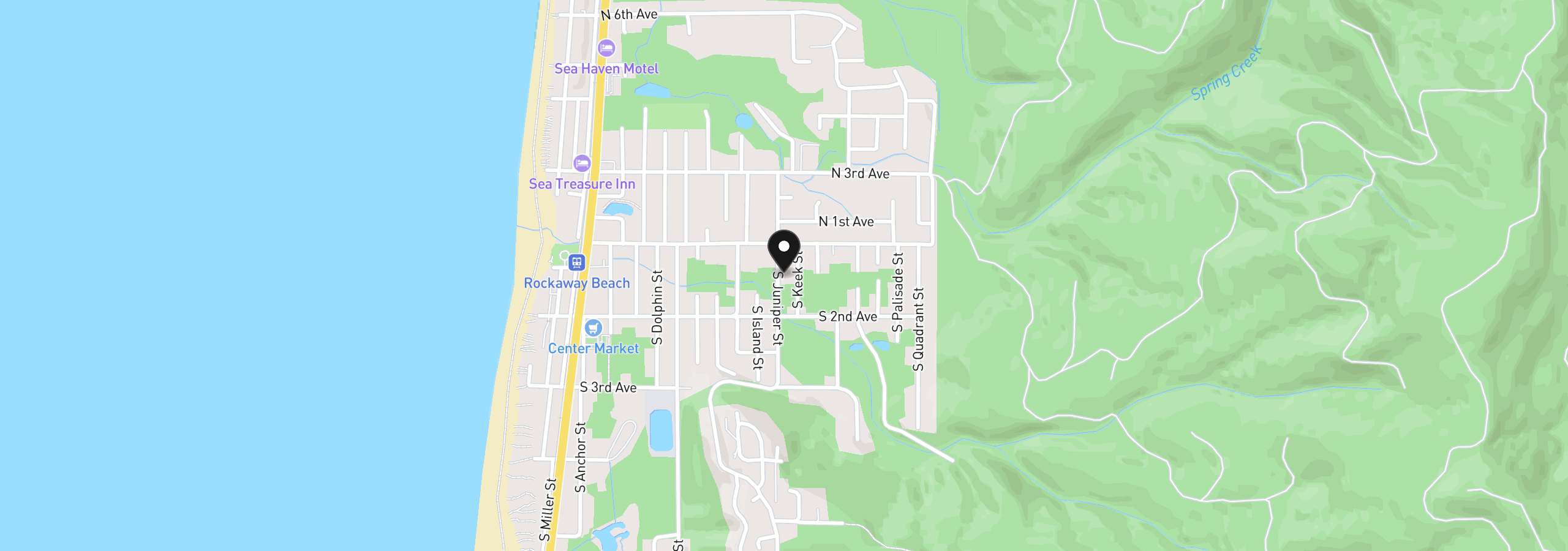 Map showing the location of 144 S Juniper St, Rockaway Beach, OR 97136